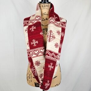 Coldwater Creek‎ Red Cream Snowflake Heart Fair Isle Infinity Loop Scarf NWOT